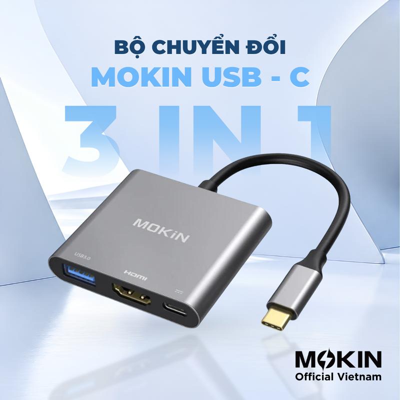 Bộ Chuyển Đổi Mokin USB-C 3-in-1 Xám I Cổng HDMI 4K@30Hz, USB 3.0 Tốc Độ Cao, Nhỏ Gọn I Bảo Hành