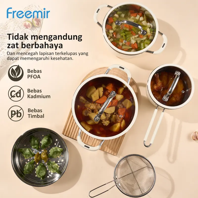 [LIVE] freemir Set Wajan Stainless 304 & 201 Food Grade Anti Karat BONUS KOMPOR LISTRIK 9 Pcs Beige 22/20/20/16/15cm Wajan Anti Lengket Alat Masak Penggorengan Lengkap Masak Gulai Kitchenware 1