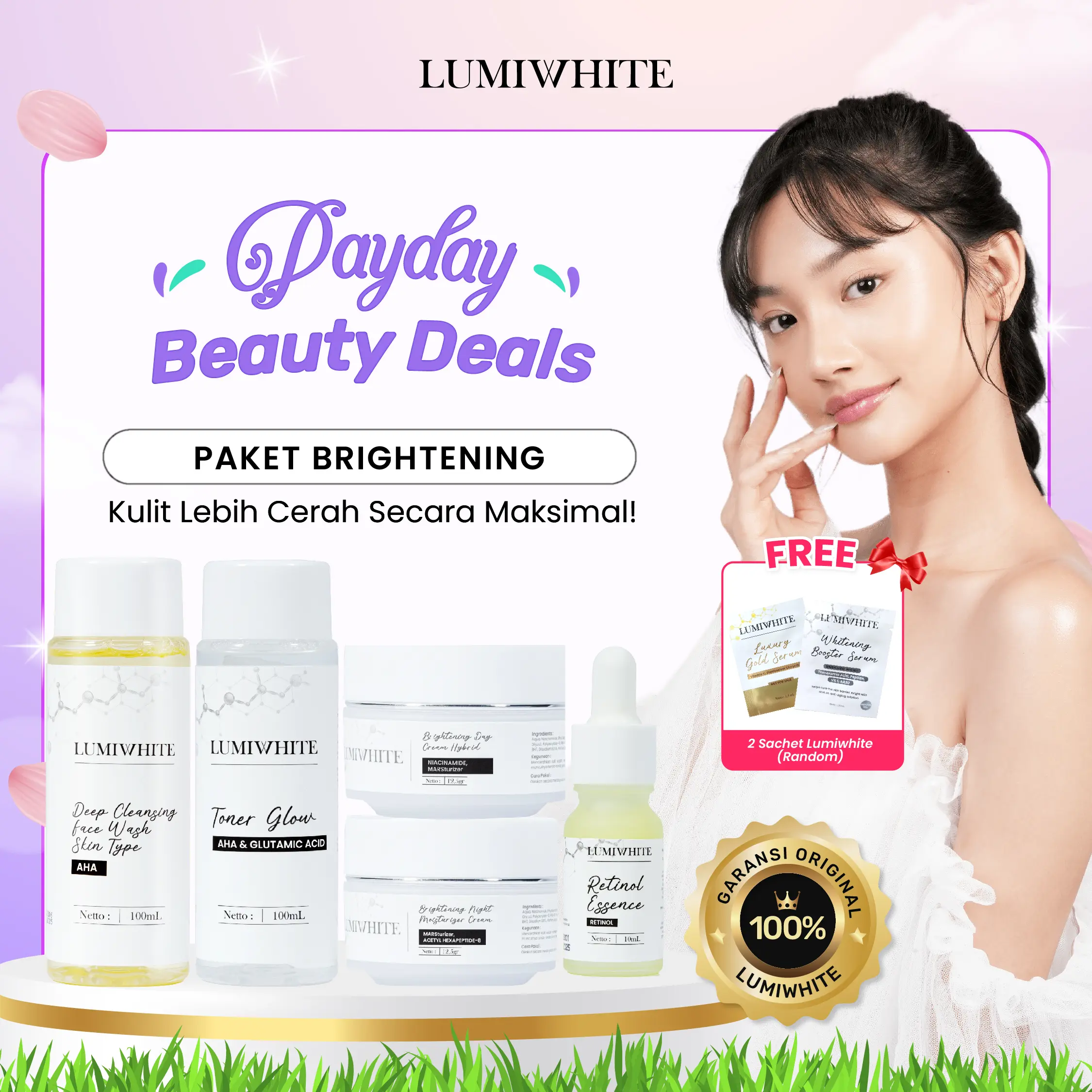 LUMIWHITE - Paket Brightening Lengkap - Toner-Facialwash-Serum-DayCream,NightCream (FREE 2 SACHET RANDOM)