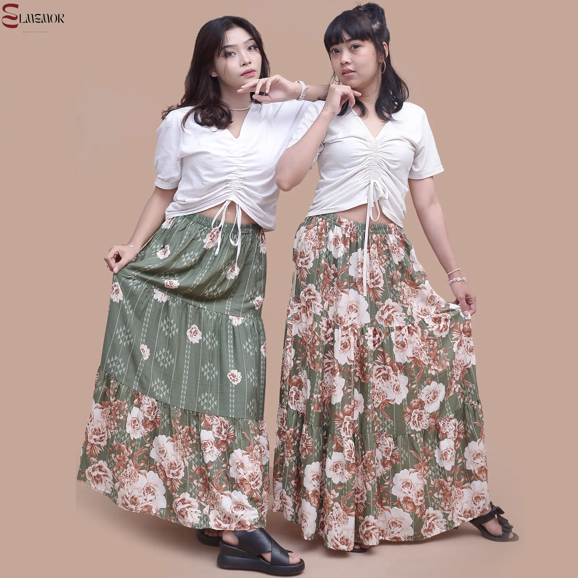rok wanita dewasa bohemian style panjang by elmemor Katun Rayon Casual motif Bunga