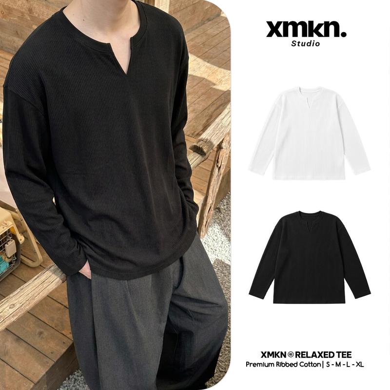 Áo Thun Dài Tay Cổ Xẻ Nam Nữ, Áo Phông Thu Đông Basic Ribbed XMKN.