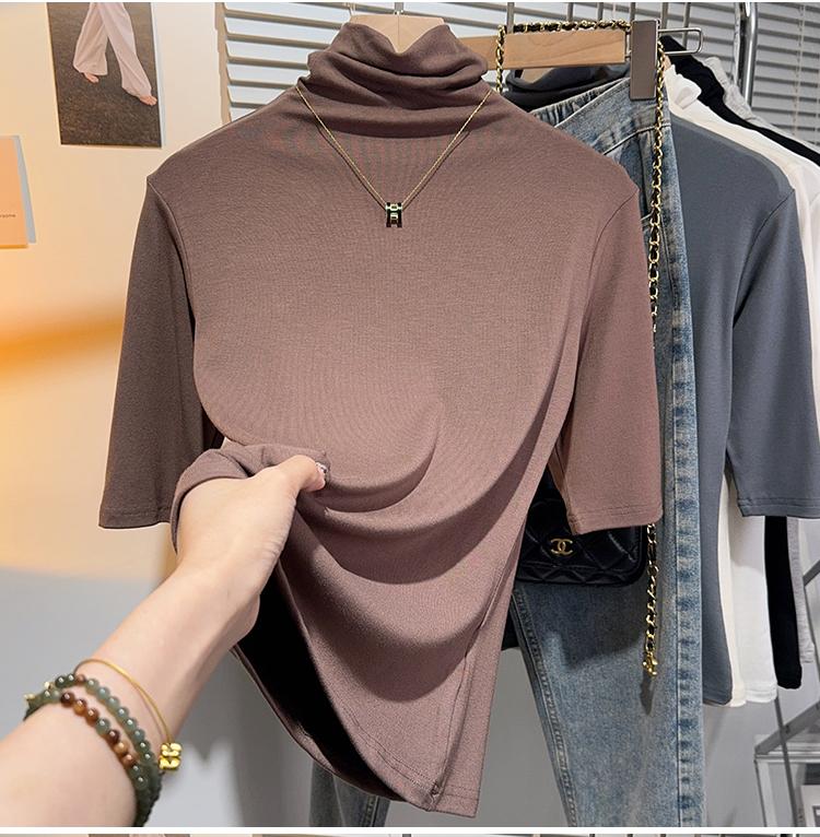Product Introduction of Shoulder-length black half-high neck mid-sleeve t-shirt women's pre-fall 2024 undershirt with five-quarter sleeve top 14