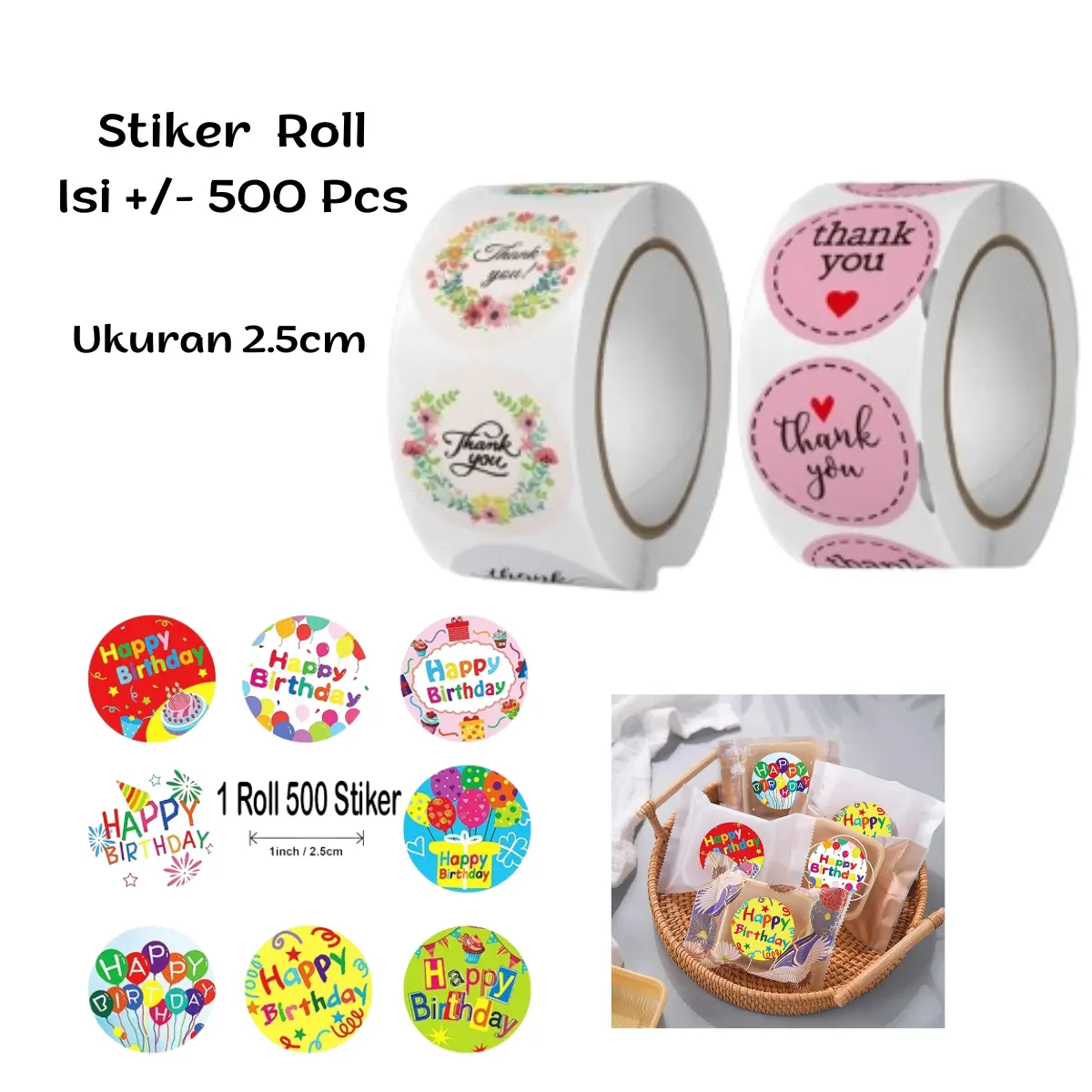500 Pcs Stiker Selamat Menikmati Happy Birthday Sticker Roll Makanan Kue Thank You Terima Kasih