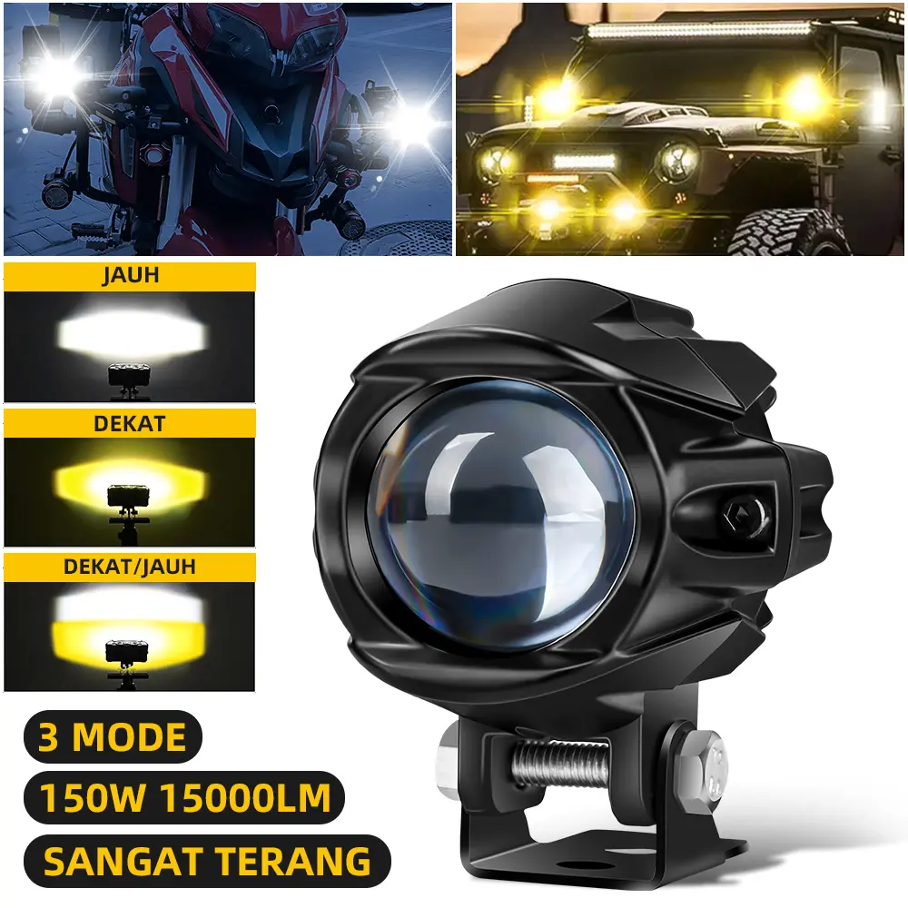 ​Lampu Sorot LED Motor 150W 3 Mode, 15000LM Super Terang, Tahan Air IP68, Voltage 9-85V Universal, untuk Off-road & Harian