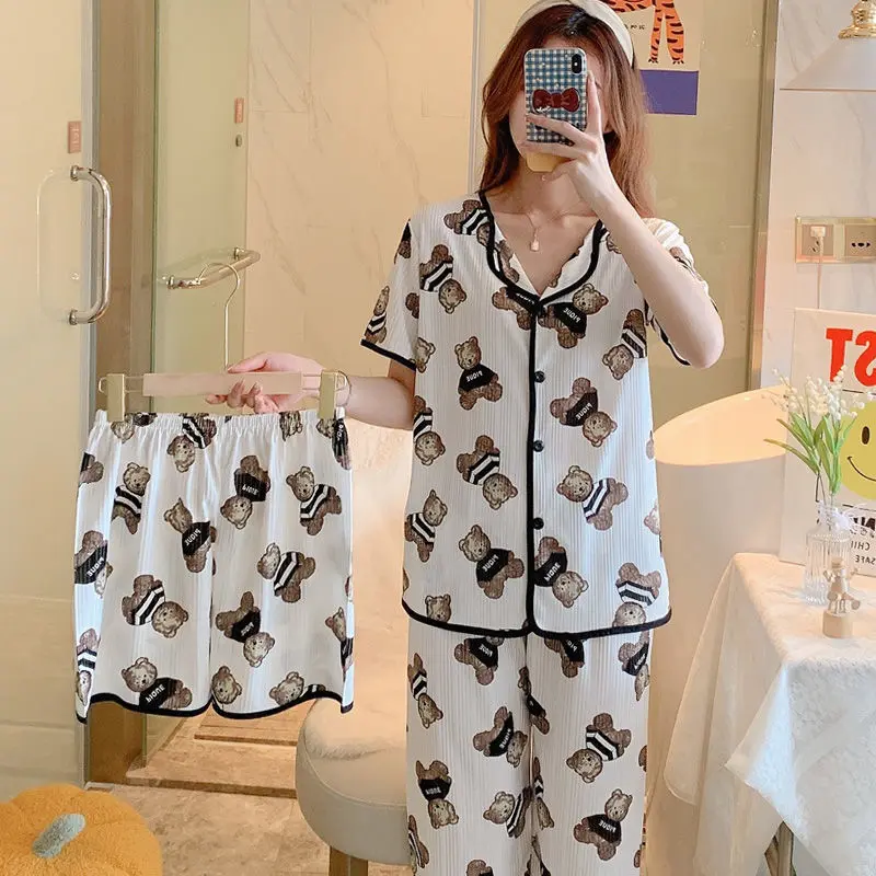 Alaise Piyama Tidur 3in1 Wanita Dewasa Baju Lengan Pendek Celana Panjang Bonus Celana Pendek High Quality