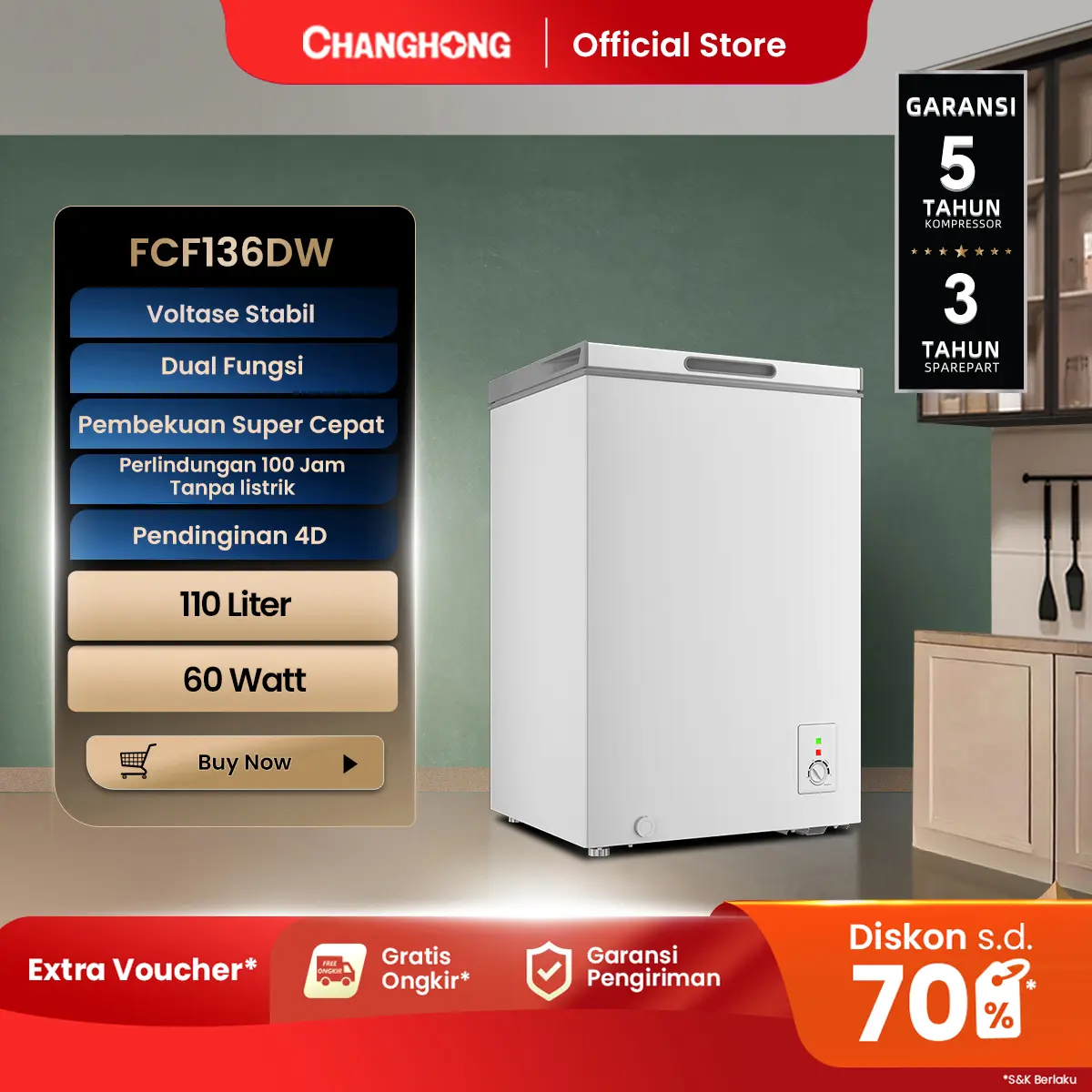 Changhong Chest Freezer FCF136DW Kapasitas 110 Liter (Fast Freezing) (Design Look Minimalis) (Big Capacity)