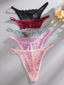 Conjunto de ropa interior de retazos de encaje para mujer, bragas tanga de cintura baja cómodas y transpirables, 5 piezas, lencería sexy para damas
