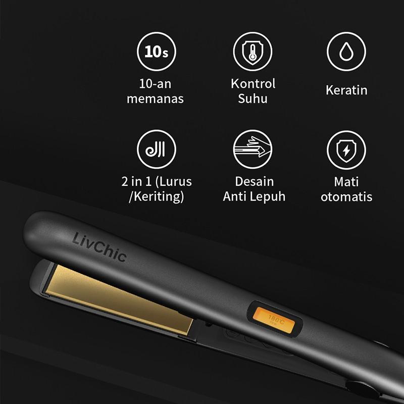 LivChic 2IN1 LS303 Catok Rambut untuk Meluruskan Keriting Ringan Alat pengeriting rambut Tongkat pelurus rambut Curly Kriting Hitam Elektrik