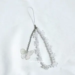 Ash Handmade Gantungan HP Bracelet Gelang Estetik Lanyard Phone Strap [016] dengan Desain Rantai Mutiara & Kupu-kupu Putih Praktis Stylish untuk Kegiatan Sehari-hari - Handphone
