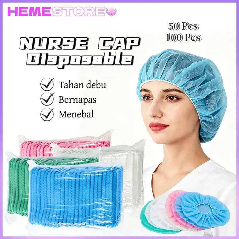 [50pcs/100pcs] Topi Hair Cap Non Woven Nurse Cap Spunbond Shower Cap Sekali Pakai shower caps suster penutup kepala untuk Salon & Pabrik Steril  Biru Pink COD