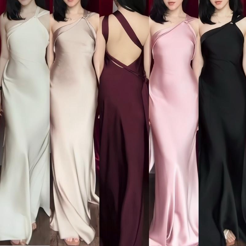 | Becky Dress | Đầm Lụa Lệch Vai Hở Lưng Không Dây Kéo Không Mút