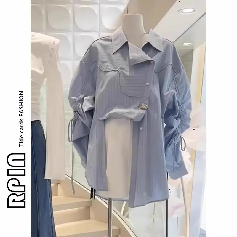 Áo Sơ Mi Kẻ Sọc Có Dây Rút Bất Đối Xứng Đều Cho Nữ, Thời Trang Nữ, Áo Sơ Mi Thường Ngày Dáng Rộng Ngoại Cỡ, Áo Phong Cách Phương Tây 3