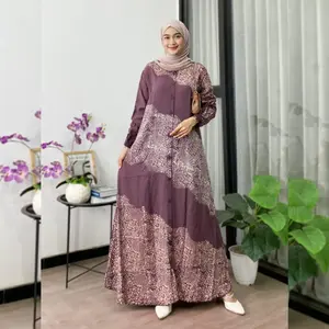 Naya Batik - Gamis Twill Ori Pekalongan Cap Malaman Bukan Sablon Dress Wanita Muslim Motif Garis Tanpa Rempel Tali Samping Lengan Karet Full Kancing
