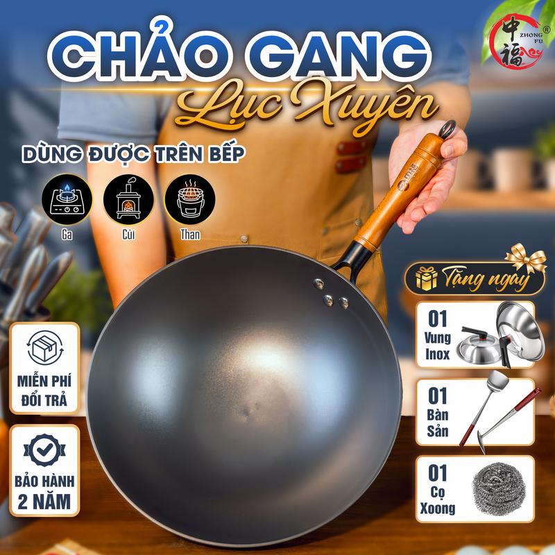 ---CHẢO GANG ĐÁY TRÒN SÂU LÒNG --- Tặng Kèm: vung+Bàn Sản+ cọ sắt Siêu Bền