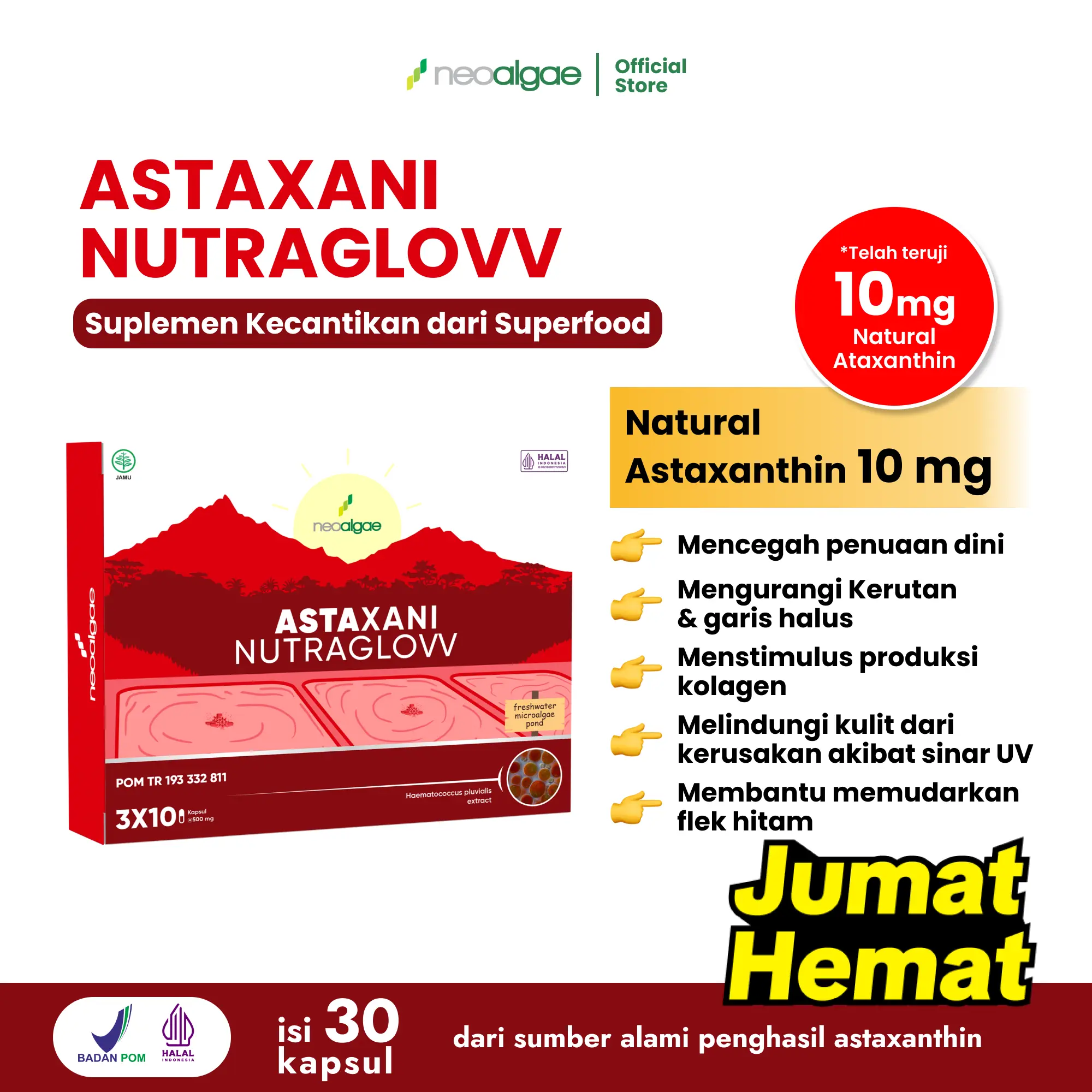 [PROMO GUNCANG 5.5] Astaxani Nutraglow - Natural Astaxanthin 10 mg - Nutrisi Alami Mencerahkan Memudarkan Flek Hitam Mencegah Penuaan Dini Pada Kulit [BPOM & HALAL]