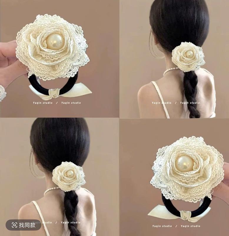 Q09 Dây buộc tóc hoa ren đính ngọc điệu đà