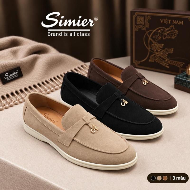 Giày Lười Da Lộn Summer Loafer Charm GD14 Thương Hiệu Simier , Giày Suede Loafers Phụ Kiện Khóa Trang Trí Đế Bằng Cho Mùa Hè