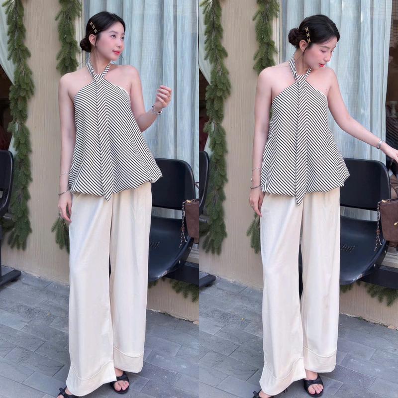  Set đồ nữ tk chất qc áo cổ yếm kẻ sọc kèm cavat mix quần suông dài ống rộng tôn dáng thoải mái dành cho nữ chất liệu qc mềm mại thoáng mát phù hợp cho các hoạt động hàng ngày mang đến sự tự tin và phong cách cho người mặc 