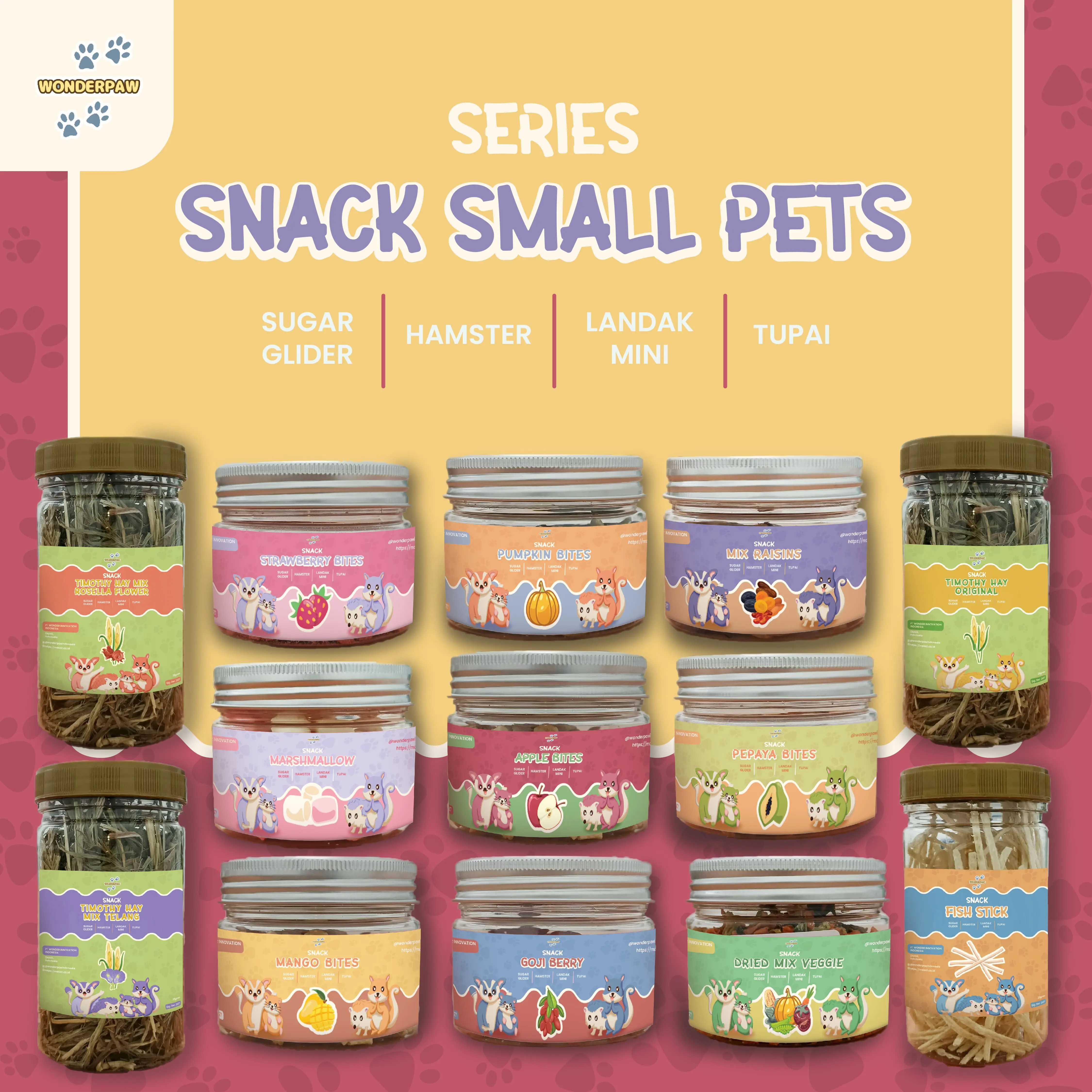 Snack Buah Sayur Sugar Glider, Hamster, Tupai, Landak Mini - Snack Kering Freeze Dried / Dehydrated Sayur, Fish Stick, Strawberry, Pepaya, Apel, Marshmallow, Labu, Mangga, Goji Berry, Raisins, Timothy Hay