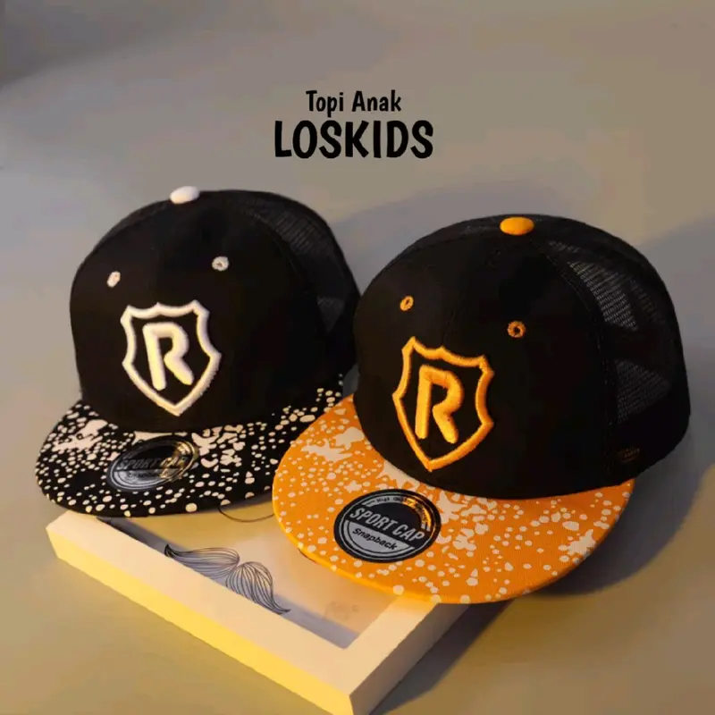 Topi Anak Hiphop atau Snapback Topi Jaring Logo R Buat Anak Usia 2 sampe 10 Tahun Hitam Kombinasi Kuning atau putih 1
