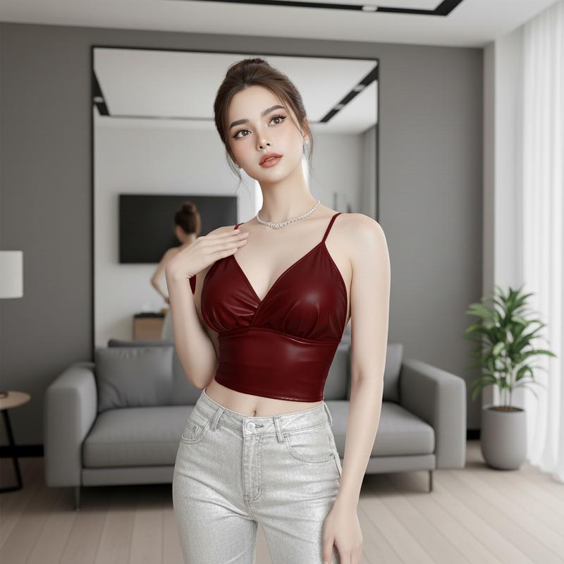 dambody [CR08] Áo Croptop Da Hai Dây Cổ Chữ V – Thiết Kế Ôm Body Quyến Rũ, Cá Tính