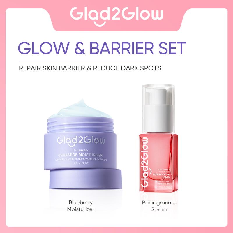 【2in1】Glad2Glow 2pcs bundle Skincare Paket - Moisturizer+Serum Glowing Anti-acne Dark spot Barrier Bright Blueberry Ceramide Centella Berjerawat Memudarkan Mencerahkan Pencerah Wajah Arbutin Acid Extract Niacinamide Cooling Pelembab Melembutkan Hitam 3