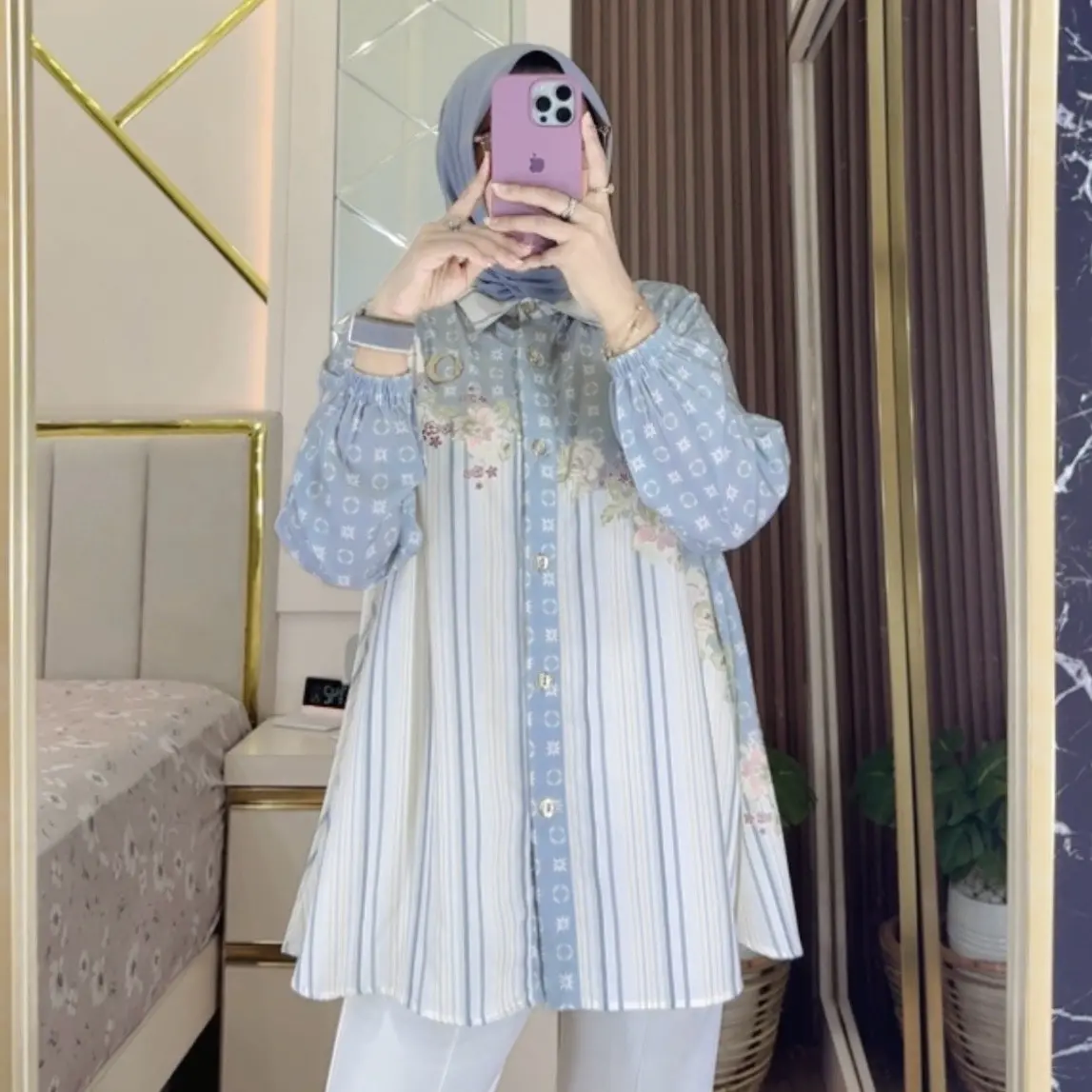 CherryStore KD00326 Atasan Wanita Lengan Panjang Baju Formal Kancing Katun