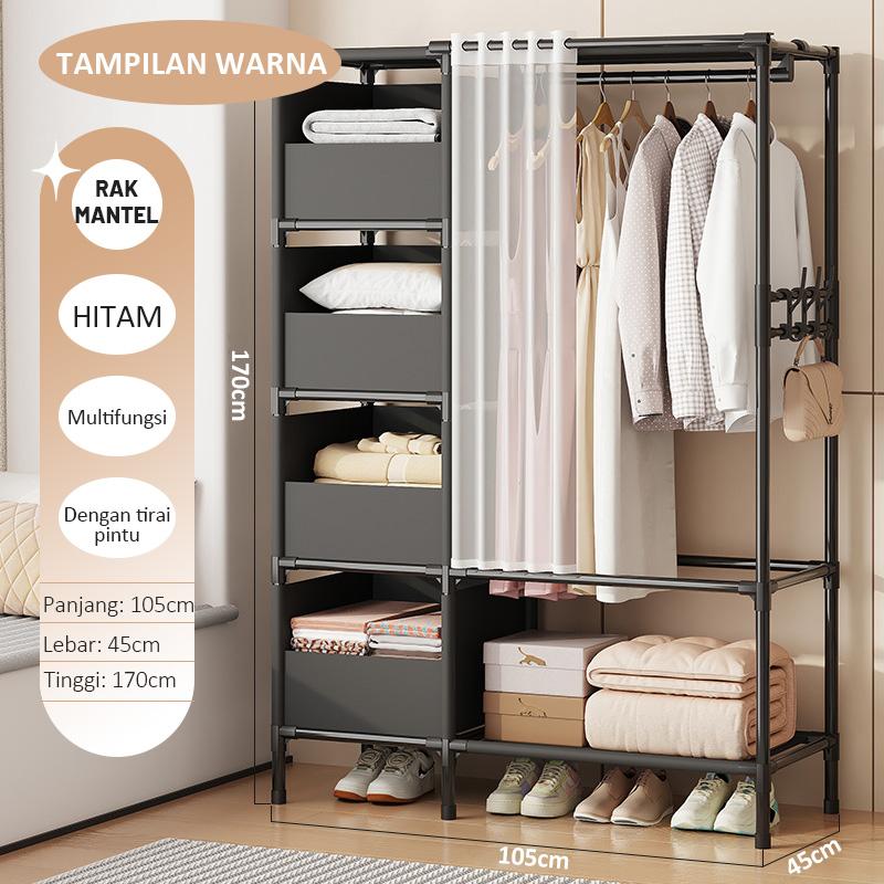 COD Rak Gantungan Pakaian Wardrobe Clothes Storage Rack Stand Hanger Rak Lemari Pakaian Minimalis Rak Penyimpanan Dengan Tirai Laci Portable