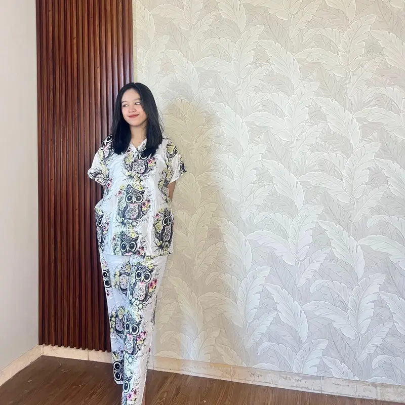 LONG ONE SET OWL ECER TERBARU BUSUI FRIENDLY RAYON WANITA PREMIUM JUMBO  Motif Nyaman Setelan Kancing Baju Pendek Celana Panjang Lembut 3