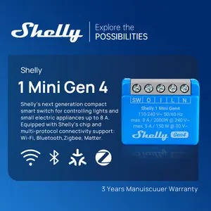Shelly 1 Mini Gen4 Wi-Fi Zigbee & Matter Smart Relay Switch with Dry Contacts 1-Channel 8A Home Automation Alexa SmartThings Google Home Apple HomeKit Compatible