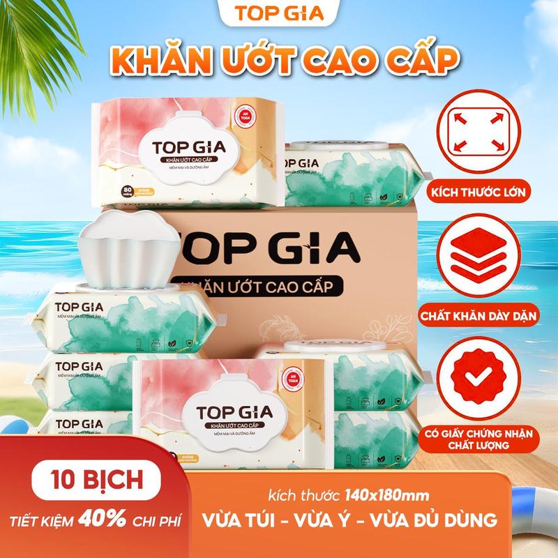 [DEAL TẶNG 20 GÓI GIẤY ĂN MINI VÀ 10 GÓI KHĂN ƯỚT MINI) Thùng 10 bịch 80 tờ Khăn ướt cao cấp TOPGIA  kích thước 14x18cm mềm mại, Khăn giấy ướt không mùi, an toàn  mọi làn da cho mẹ và Bé giấy ăn khăn lau
