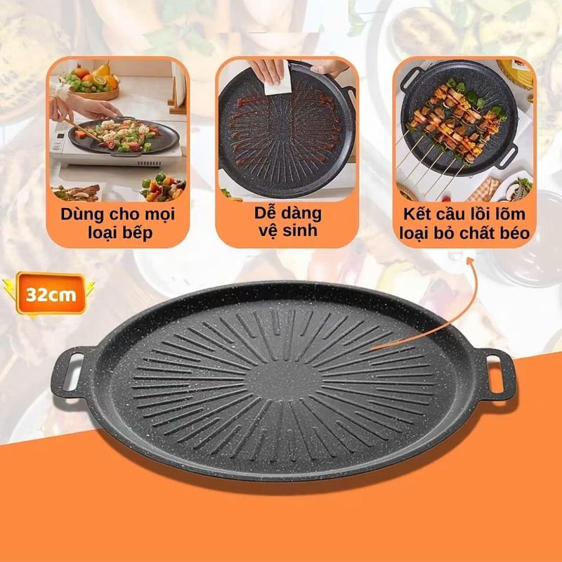 Chảo Nướng Đá Chống Dính Không Dầu Hàn Quốc Size 34cm Chảo Nướng Thịt BBQ Dùng Được Cho Cả Bếp Từ