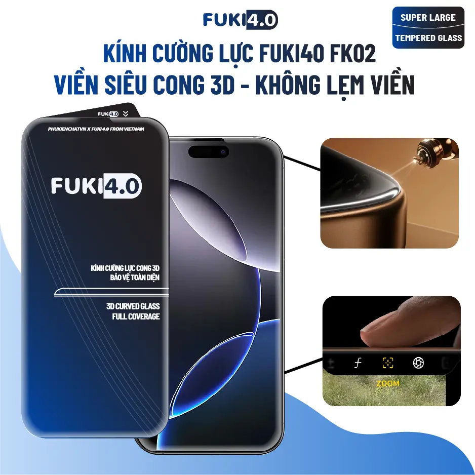 Kính cường lực cho iphone siêu cong FUKI40 FK02 ip 17 promax 16 promax 15 prm pro 14 prm 13 12 11 x xr xs xsm xs max plus air không lẹm viền, siêu cong full màn hình 99 %