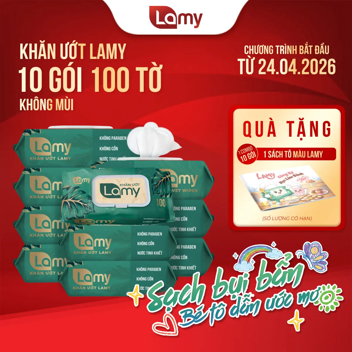 [LOẠI 100 TỜ] COMBO 10 GÓI KHĂN ƯỚT LAMY 100 TỜ không cồn, không mùi, an toàn sử dụng cho bé