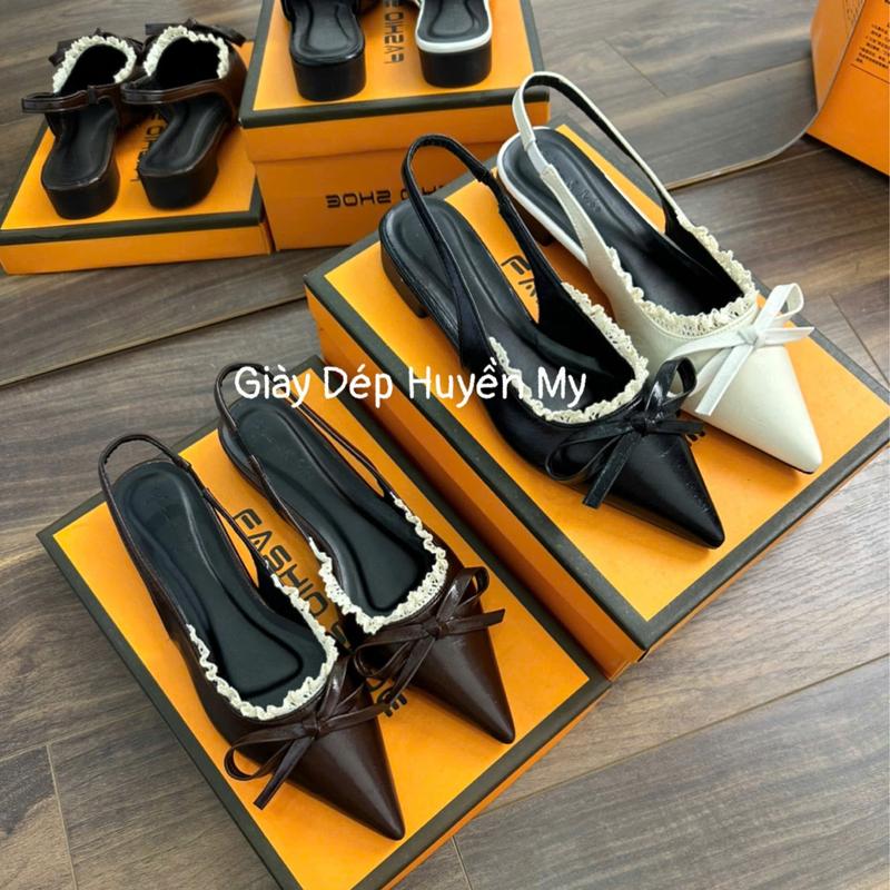  Giày sục nữ mũi nhọn 2p phối nơ mix ren tiểu thư full hộp  PH15  