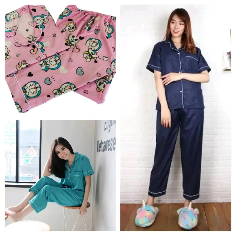 Paket Usaha 100 Ribu Dapat 3 Setel Piyama Baju Tidur Dewasa Nyaman Cantik Motif Panjang one Pendek Satin Setelan Embos Merah 7