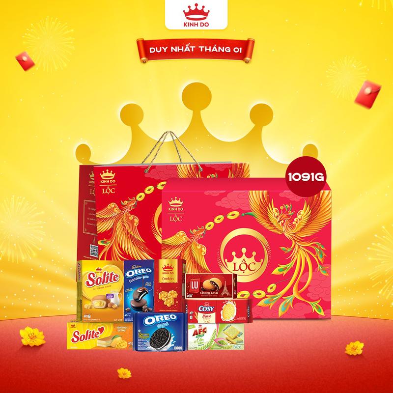   CÓ TÚI GIẤY  Hộp Bánh Cao Cấp Kinh Đô Tết 2026 Lộc Thịnh Vượng 1,091g 