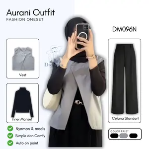 3 1 set korean style Trend ( Inner Manset + Nuna Vest + Celana Standart Hitam + Kalung ) DM096N Fit Muslim Panjang Setelan Baju Wanita Melar Karet Atasan Linen Dewasa Kancing Casual Variasi