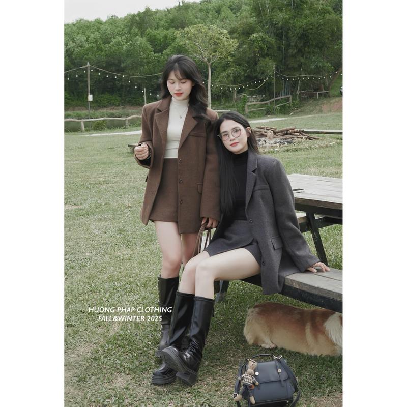  SET DẠ CHÂN VÁY DÂY NƠ 2 MÀU NÂU VÀ GHI ĐẬM BY HUONGPHAPCLOTHING - Nữ 