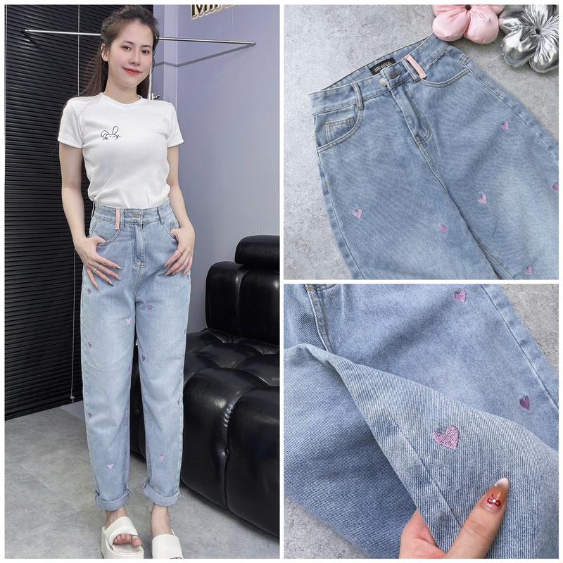 DÀI 90CM Quần Jean Nữ Baggy Thêu Thỏ Hồng Nơ Hồng Vải Mềm Xinh Xắn