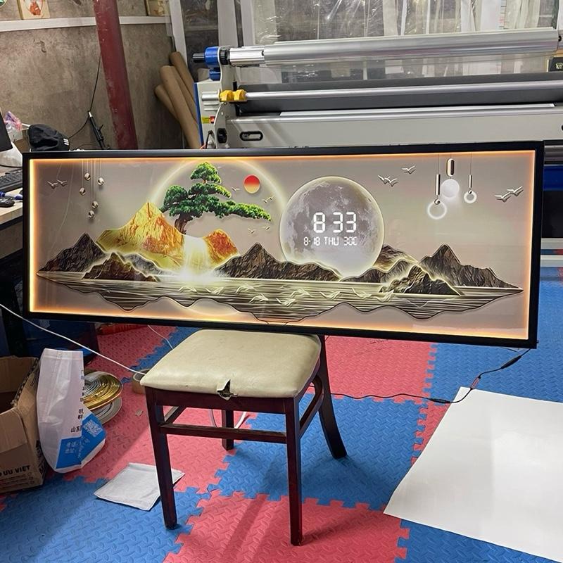 Tranh đồng hồ tráng gương đèn LED sơn thủy hữu tình,Tranh treo tường phong thủy deocr phòng khách