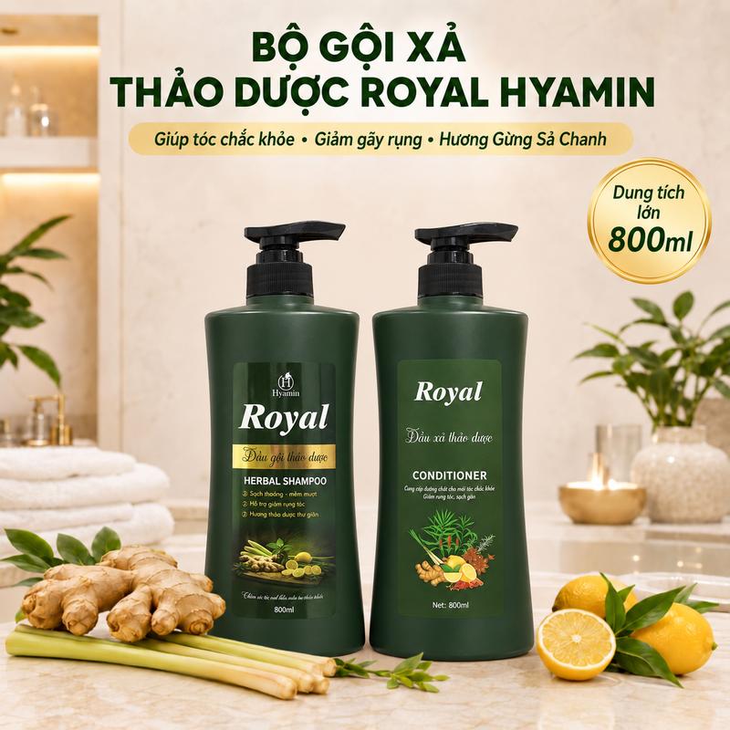 Bộ Dầu Gội Dầu Xả Thảo Dược Royal Hyamin Gừng Sả Chanh Giảm Gãy Rụng Mềm Mượt Tóc 800ml
