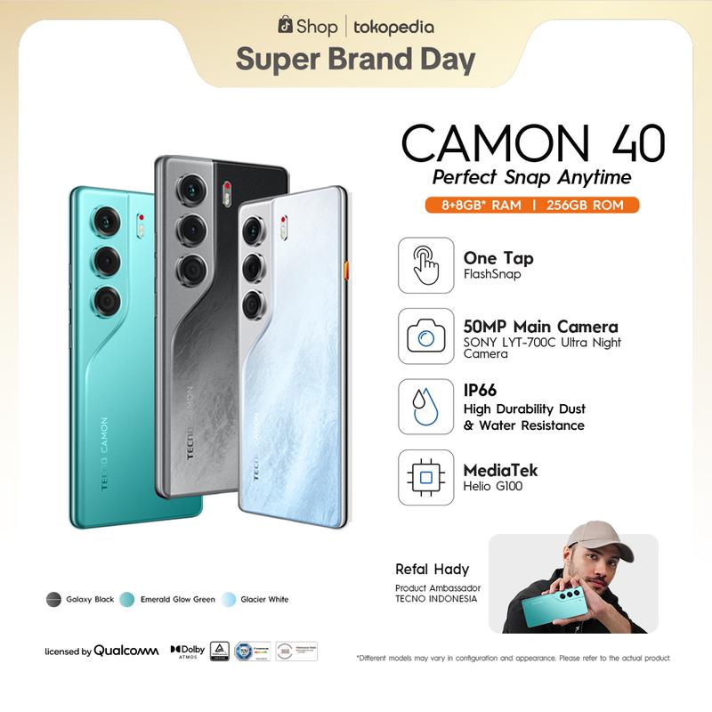 [FlashSnap] TECNO CAMON 40 - 8+8GB*/256GB, 50MP Sony + 8MP Ultra Wide Camera, 32MP Front Camera, 120Hz AMOLED, IP66, 5200mAh+45W, Garansi 12+1 Bulan 0