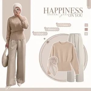 Setelan Nude Outfit Casual Remaja Kekinian ( Sweater Knit - Celana Kulot - Jilbab Segiempat ) Set OOTD Hangout Cewek Cantik HO320N
