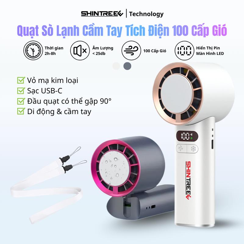 [TẶNG BÌNH GIỮ NHIỆT] Quạt Cầm Tay Sò Lạnh Mini ShinTree 4000mAh Điều Chỉnh 100 Cấp Độ Gió Có Dây Đeo Bảo Hành 12 Tháng