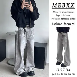 Jeans longgar kaki lebar abu-abu untuk pria dengan desain yang sudah dicuci-Celana panjang lurus Denim Straight