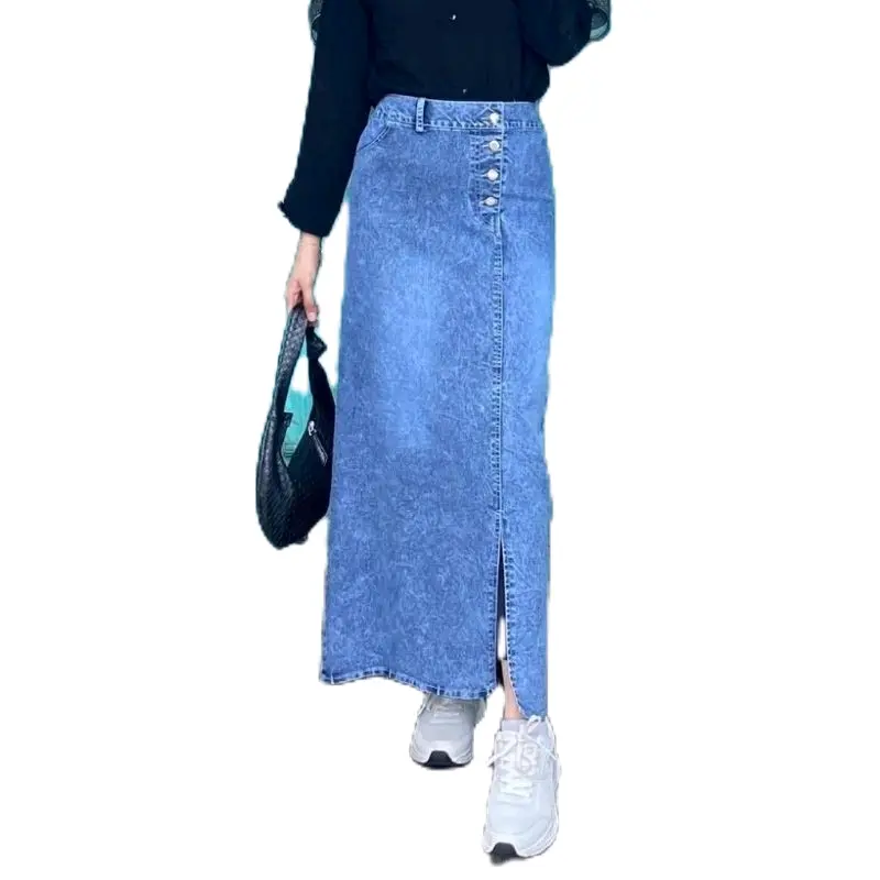 Rok Jeans Skirt Kancing  Belahan Samping Panjang Casual Wanita Dewasa Standar Karet rok sobek samping Pendek Midi