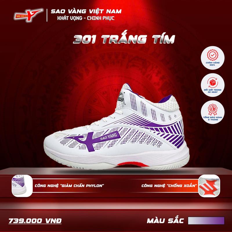 Giày Bóng chuyền SAO VÀNG 301 Trắng tím - Giày Thể Thao