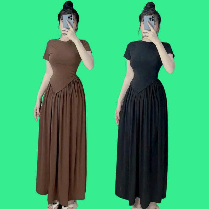 Set váy nữ tăm lạnh tay ngắn cổ tròn tà chéo tà mix chân váy dáng dài sang chảnh dành cho các nàng diện di chơi,di tiệc. Nhung Voi