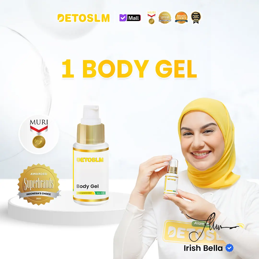 DETOSLIM-BODY GEL-SUDAH BPOM RI-HALAL MUI-HERBAL-REKOMENDASI PUBLIC FIGURE-CREAM/LOTION TUBUH MELUNTURKAN LEMAK TUBUH
